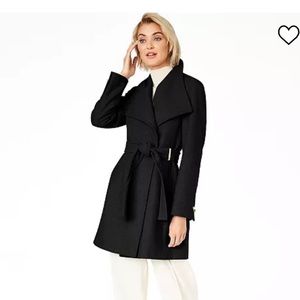Calvin Klein Black Wool Coat - “Asymmetrical Belted Wrap/Envelope Collar Coat”